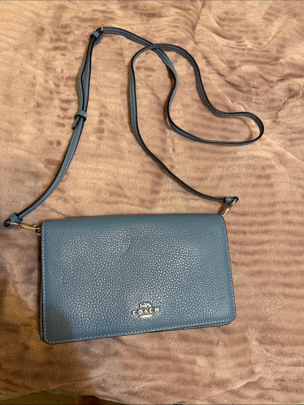 Coach Blue Pebbled Leather Crossbody wallet with Gold-Tone Logo